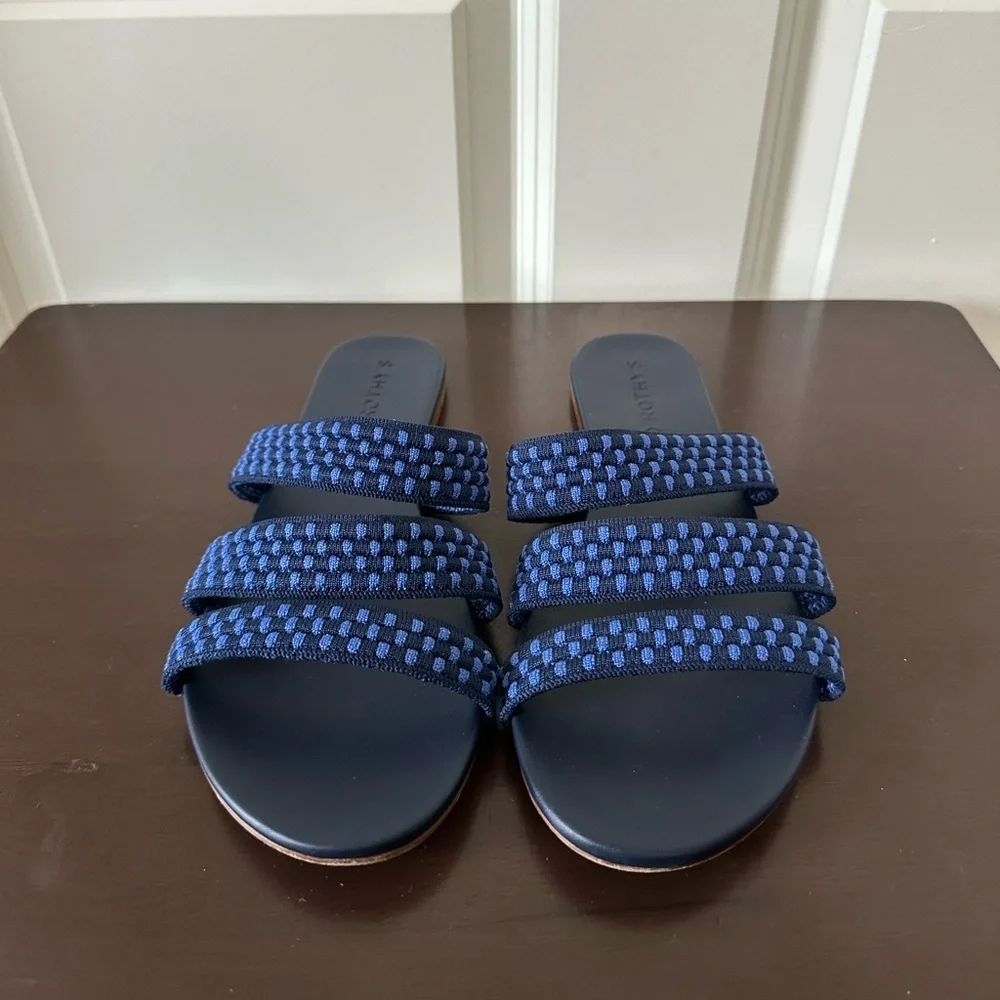Rothy's Navy Blue Cobalt Checkered Triple Band Slide Slip-On Strappy Sandals 9